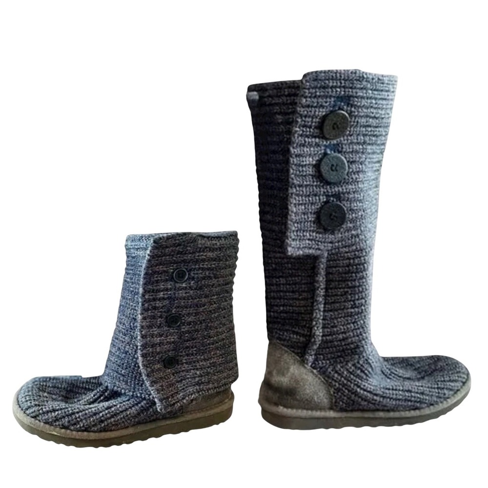 UGG Australia Cardy III Knit Button Foldable Blue Boot 7 Lamb Fleece Shearling‎